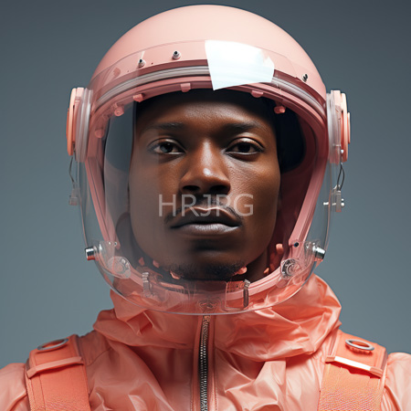 High Resolution: Photorealistic portrait of an African-American man with dark skin wears a pink helmet featuring a clear visor and white repair tape patch on top download. | HRJPG.com