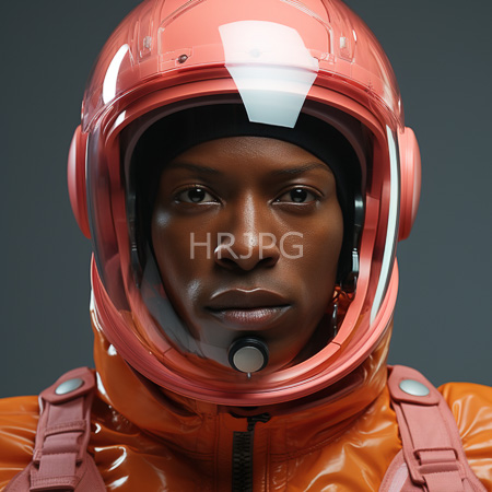 High Resolution: Photorealistic portrait of an African-American man with dark skin wears a shiny orange space suit and matching red helmet with a clear visor download. | HRJPG.com