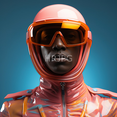 High Resolution: Photorealistic artwork of an African-American man with dark skin wears a shiny pink and orange racing helmet with large goggles and a glossy latex suit download. | HRJPG.com