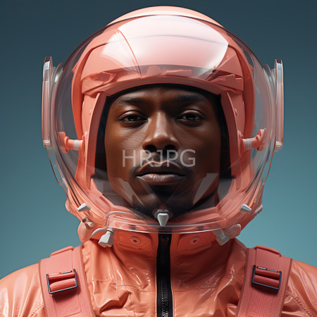 High Resolution: Photorealistic portrait of an African-American man with dark skin wears a shiny pink space helmet and matching suit against a gradient blue background download. | HRJPG.com