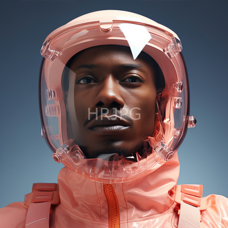 High Resolution: Photorealistic portrait of an African-American man with dark skin wears a pink space helmet and matching suit against a gradient blue background download. | HRJPG.com