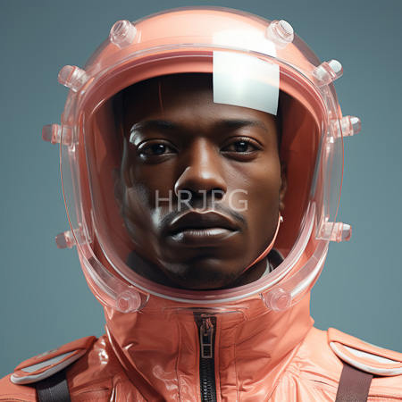 High Resolution: Photorealistic portrait of an African-American man with dark skin wears a clear plastic helmet and an orange flight suit against a teal background download. | HRJPG.com