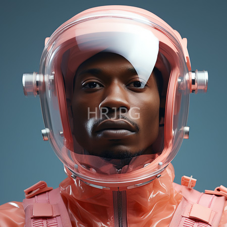 High Resolution: Photorealistic portrait of an African-American man with dark skin wears a pink space helmet and matching glossy jacket against a teal background download. | HRJPG.com