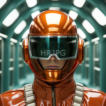 High Resolution: Androgynous person in an orange glossy space suit with a helmet featuring a large visor set against a futuristic corridor background download. | HRJPG.com