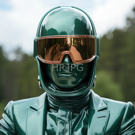 High Resolution: Anonymous glossy green mannequin wears reflective copper-tinted goggles and a helmet dressed in a shiny dark-green leather jacket in a blurred forest download. | HRJPG.com