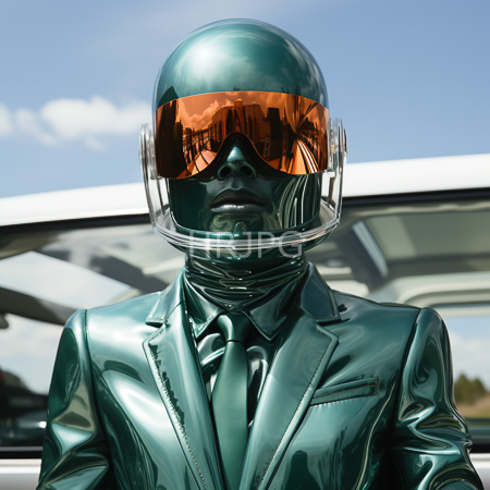 High Resolution: Abstract metallic green statue resembling a pilot in shiny latex-like material with a reflective orange visor and clear helmet face shield download. | HRJPG.com