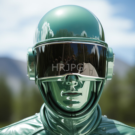 High Resolution: Abstract reflective green helmeted figure with a mirrored visor showing distorted reflections against a clear blue sky and blurred trees download. | HRJPG.com