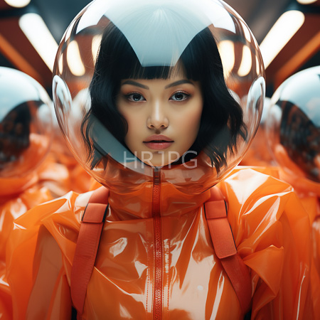 High Resolution: Photorealistic Asian woman with short black hair wears a shiny orange vinyl suit and transparent helmet in front of multiple reflections download. | HRJPG.com
