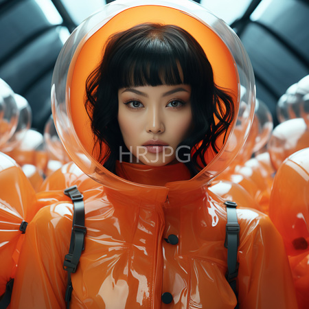 High Resolution: Photorealistic Asian woman with wavy black hair and blunt bangs wears a shiny orange space suit featuring transparent helmets with blurred figures behind download. | HRJPG.com