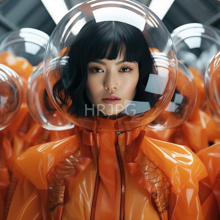 High Resolution: Photorealistic Asian woman with a black bob haircut wears an orange glossy latex suit and a transparent helmet with multiple reflections download. | HRJPG.com