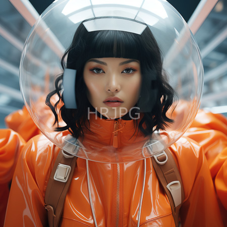 High Resolution: Photorealistic Asian woman with wavy black hair and blunt bangs wears an orange glossy latex jacket and a clear plastic helmet in an industrial setting download. | HRJPG.com