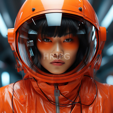 High Resolution: Photorealistic Asian woman with straight black hair and blunt bangs wears an orange glossy space helmet and jacket with an intense gaze through a clear visor download. | HRJPG.com