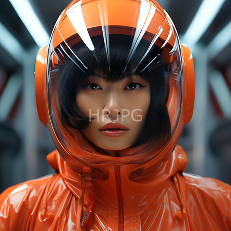 High Resolution: Photorealistic Asian woman with straight black hair wears a shiny orange space suit helmet that reflects light above her forehead in a futuristic setting download. | HRJPG.com