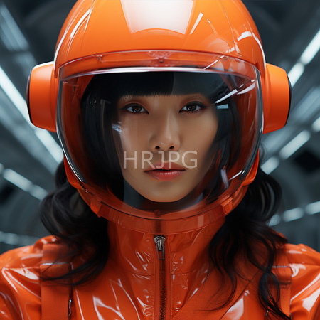 High Resolution: Photorealistic Asian woman with fair skin and dark hair wears glossy orange latex pilot gear including a helmet with a clear visor with a serious expression download. | HRJPG.com