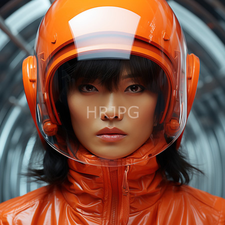 High Resolution: Photorealistic Asian woman with smooth medium-toned skin wears an orange glossy helmet and matching jacket against a metallic background download. | HRJPG.com