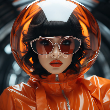 High Resolution: Asian woman with fair skin black wavy hair wears an orange glossy jacket and transparent helmet reflecting light with large round aviator sunglasses download. | HRJPG.com