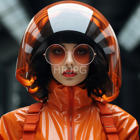 High Resolution: Photorealistic Asian woman with fair skin black wavy hair in bangs and bob style wears round orange-tinted glasses and a glossy neon-orange PVC jacket download. | HRJPG.com