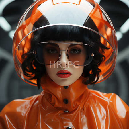 High Resolution: Photorealistic Asian woman with pale skin black wavy hair wears large aviator sunglasses and bright red lipstick with a shiny orange raincoat download. | HRJPG.com