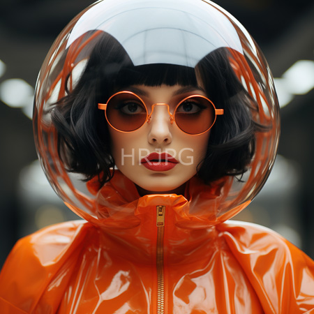 High Resolution: Asian woman with short black hair wears orange round sunglasses and a clear helmet visor over bright red lipstick and a shiny neon-orange vinyl jacket download. | HRJPG.com