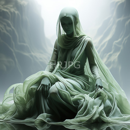 High Resolution: Ethereal green-tinted figure seated in a lotus position against a misty mountain backdrop draped in flowing robes with a serene expression download. | HRJPG.com