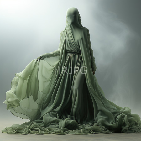 High Resolution: Photorealistic ethereal faceless figure draped in flowing green fabric that cascades to the floor standing against a mist-filled soft light download. | HRJPG.com