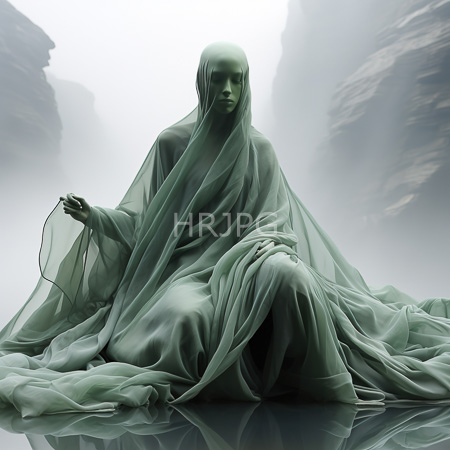 High Resolution: Ethereal green-skinned figure with a hooded face and flowing translucent robes sitting on reflective water in a misty canyon setting download. | HRJPG.com