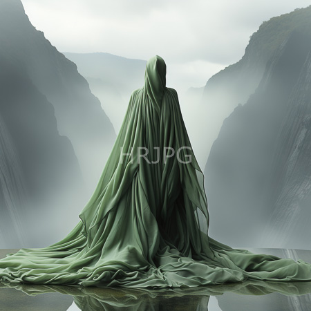 High Resolution: Enigmatic figure draped in flowing green fabric that covers their entire body and extends onto reflective water set against misty mountains download. | HRJPG.com