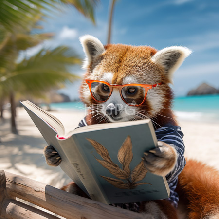 High Resolution: Anthropomorphic red panda with orange glasses reading on a tropical beach wears a striped shirt and holds an open book against a turquoise sea backdrop download. | HRJPG.com