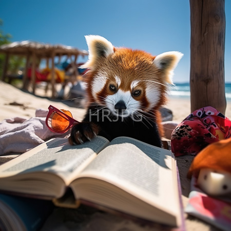 High Resolution: Adorable red panda cub with fluffy orange and white fur reading from an open book on a sandy beach with pink sunglasses beside it download. | HRJPG.com