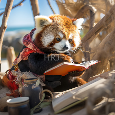 High Resolution: Anthropomorphic red panda with orange and white fur wears a pink patterned scarf reading from an open book amidst dry branches and ceramic jars download. | HRJPG.com