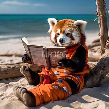 High Resolution: Photorealistic anthropomorphic red panda sits on a sandy beach reading a book in orange pajamas with a turquoise ocean and clear sky background download. | HRJPG.com