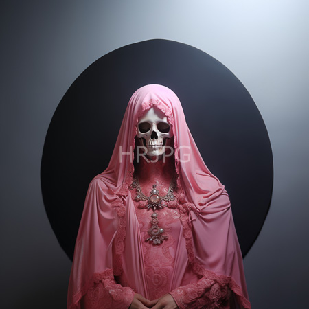 High Resolution: Eerie skeletal figure with hollow eye sockets and exposed teeth wears intricate pink lace robes and a draped hood against a dark circular background download. | HRJPG.com