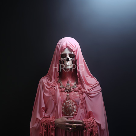 High Resolution: Eerie skeletal figure with hollow eyes and exposed teeth wears a pink veil over its head and matching lace-trimmed robes with floral patterns download. | HRJPG.com