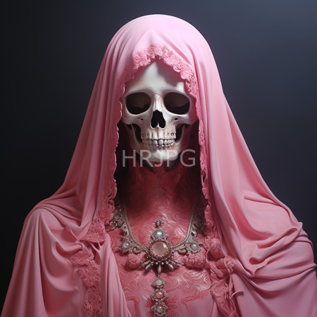 High Resolution: Eerie skeletal human skull wears a pink hooded robe with lace trimmings and floral patterns adorned by ornate silver jewelry with a gemstone pendant download. | HRJPG.com