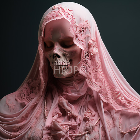 High Resolution: Intricately detailed realistic human skull with closed eyes and visible teeth covered by delicate pink lace fabric draped over its head like a veil download. | HRJPG.com