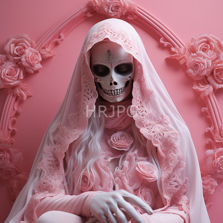 High Resolution: Photorealistic eerie skeletal figure with dark eye sockets wears a lacy white veil over a long pink roses-adorned dress against a soft-pink background download. | HRJPG.com