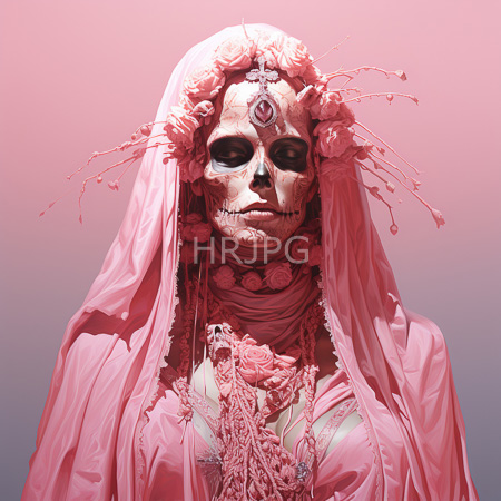 High Resolution: Eerie skeletal female figure adorned with pink roses and lace on her headpiece veil covering her face with dark eye sockets and rose patterns download. | HRJPG.com