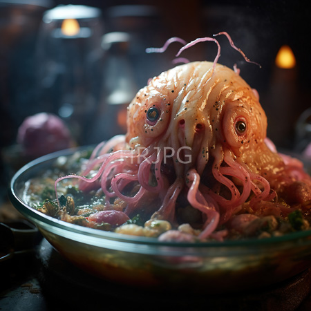 High Resolution: Hyper-realistic octopus-like creature with pink tentacles and large eyes served steaming hot over green vegetables inside a glass bowl with candles download. | HRJPG.com