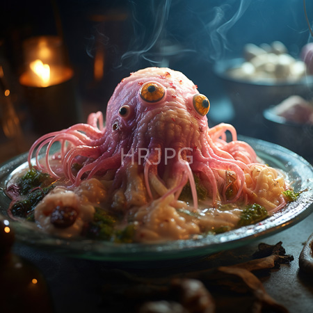 High Resolution: Photorealistic eerie pink octopus-like creature with tentacles and large yellow eyes on a plate filled with noodles garnished with green herbs and blurred candles download. | HRJPG.com