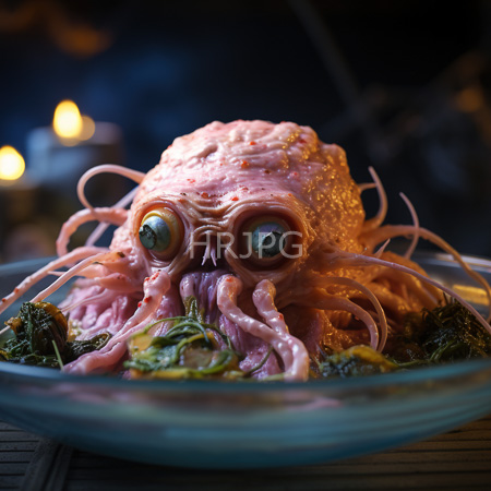 High Resolution: Eerie pink-colored octopus-like creature with large green eyes and numerous tentacles on top of mixed greens in a glass bowl with soft candlelight glow download. | HRJPG.com