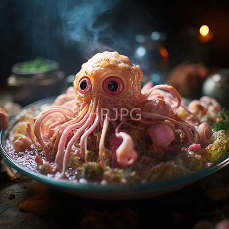 High Resolution: Hyper-realistic eerie pink octopus-like creature with large purple eyes and tentacles on top of a steaming plate filled with vegetables in dim lighting download. | HRJPG.com
