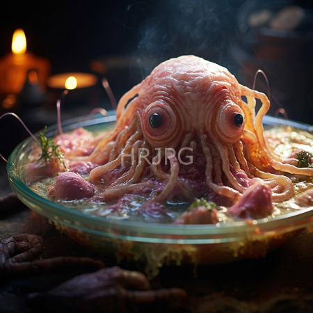 High Resolution: Eerie pink octopus-like creature with large eyes and tentacles on a glass plate filled with meaty chunks in broth with steam rising under candlelight download. | HRJPG.com