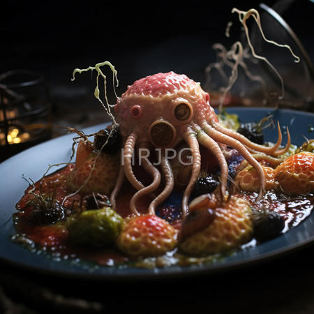 High Resolution: Artistic surreal dish features a pink octopus-like creature with tentacles and suction cups surrounded by colorful vegetables and sauce download. | HRJPG.com