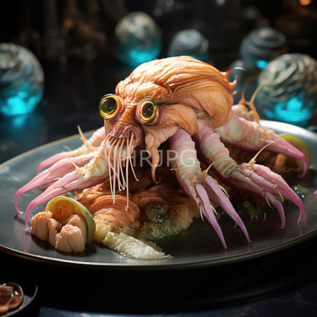 High Resolution: Photorealistic monstrous creature resembling a cross between an octopus and a crustacean on a dark plate with pink tentacles and an orange carapaced back download. | HRJPG.com