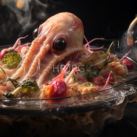 High Resolution: Photorealistic eerie pink-skinned octopus-like creature with large black eyes and tentacles over steamed vegetables in a glass dish with wisps of smoke download. | HRJPG.com