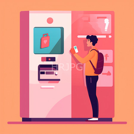 High Resolution: Asian man with short black hair wearing glasses and an orange shirt uses his smartphone to interact at a pink vending machine displaying a red water bottle icon download. | HRJPG.com