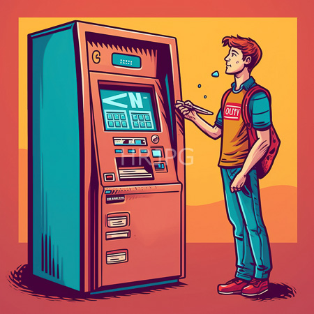 High Resolution: Vibrant retro comic-style illustration depicts a young man with short brown hair standing beside a tall vending machine against an orange background download. | HRJPG.com