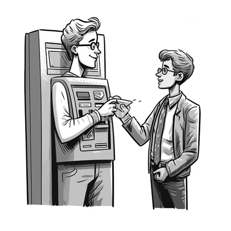 High Resolution: Black and white drawing of two men interacting at an ATM machine both wearing glasses one in casual attire and the other in a suit jacket download. | HRJPG.com
