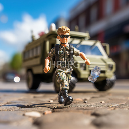 High Resolution: Action figure depicts a young male soldier with blonde hair in a camouflage uniform and tactical gear running towards a blurred green military vehicle download. | HRJPG.com