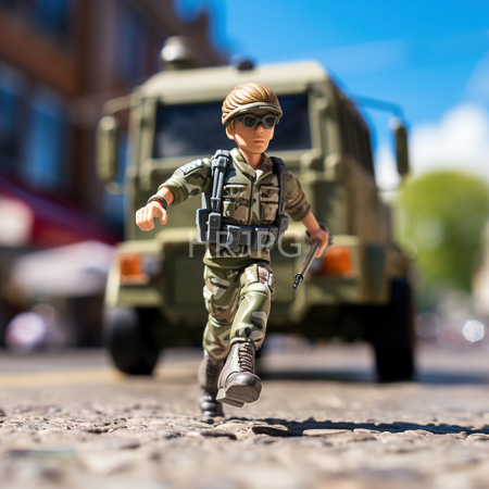 High Resolution: Action figure depicts a male soldier in a green camouflage uniform tactical vest and brown boots running towards a blurred military vehicle holding a rifle download. | HRJPG.com